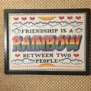 Cross Stitch Embroidery Completed Vintage 70s Framed Under Glass Colorful